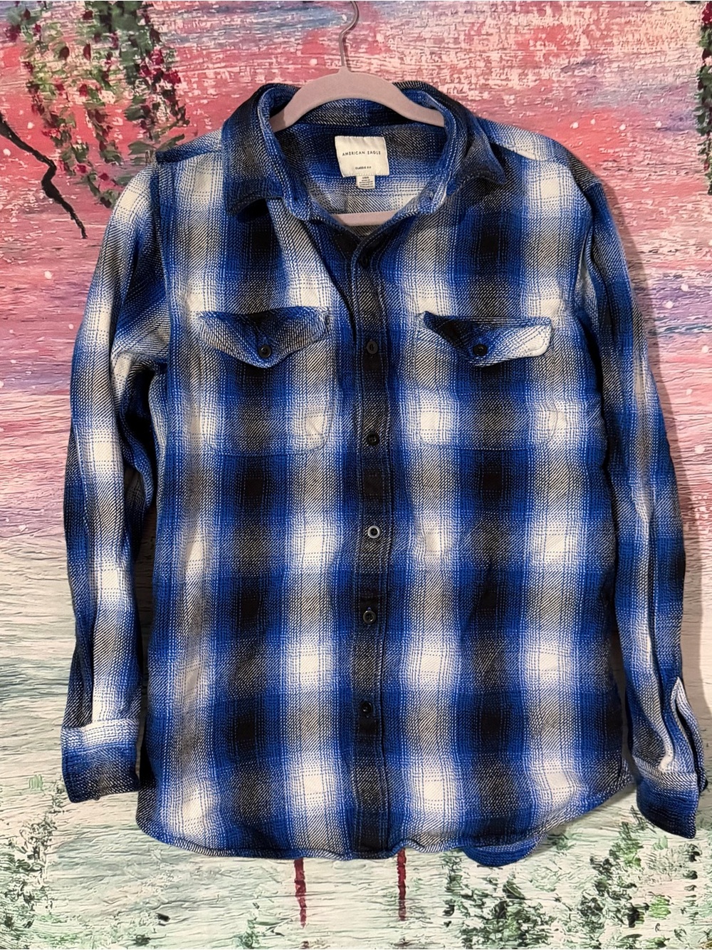 American Eagle Blue Plaid Long-Sleeve Shirt